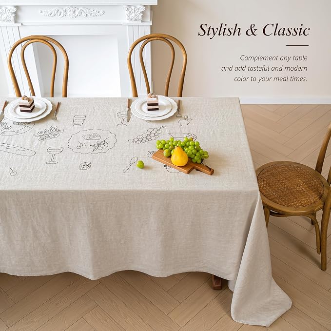 Linen World Embroidered Linen Tablecloth Large 70x118inch,100% French Linen Pre-Washed Table Cloth,Natural Flax Table Cover for Elegant Dining,Banquet Embroidery