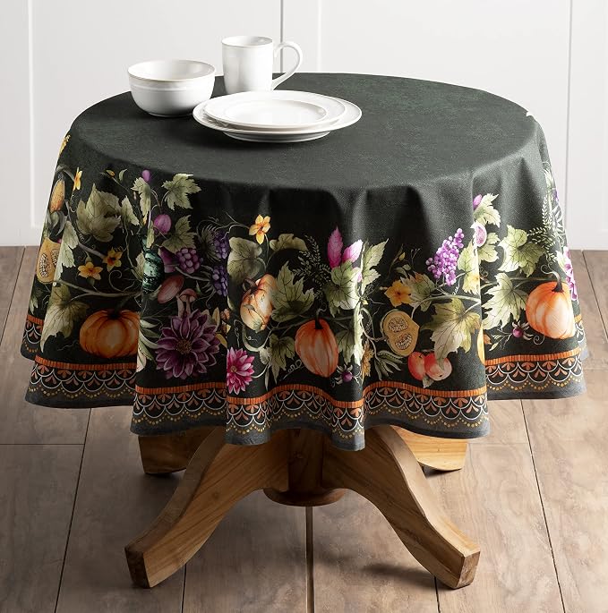 Maison d' Hermine Table Cloth Round Table 100% Cotton 63 Inches Fall Tablecloth Reusable Everyday Use for Thanksgiving Christmas Decorations Dining Farmhouse Party (Pumpkin Garden - Dark Green)