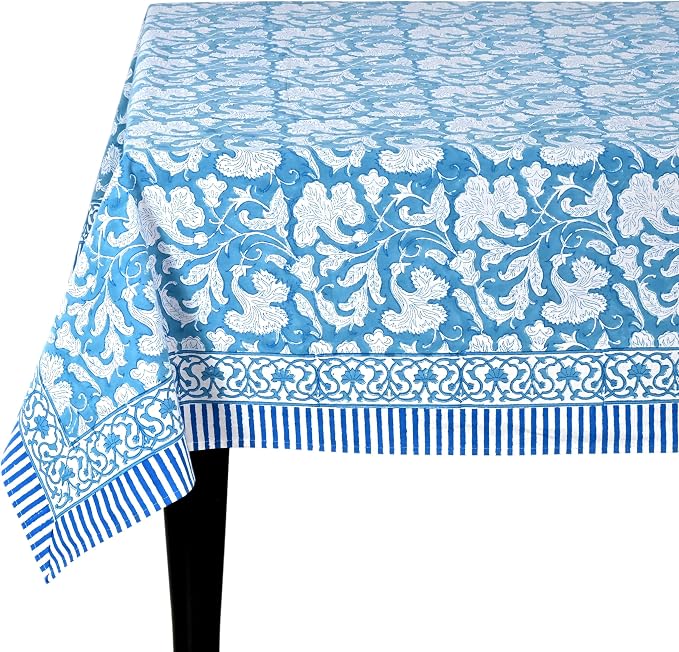Ridhi Magic Blue Hand Block Print Cotton Rectangle Tablecloth 160" x 72" inches Reusable Table Cover Decorative Everyday Use for Dining Room, Farmhouse, Home Gift for Spring, Mother's Day