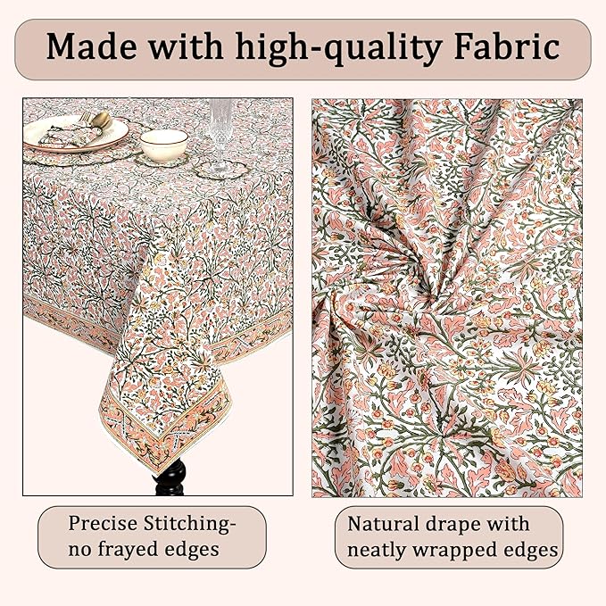 Ridhi Sassy Salmon and Emerald Green Hand Block Print Cotton Rectangle Tablecloth 140" x 72" inches Reusable Table Cover Decorative Everyday Use for Dining Room, Farmhouse, Gift Spring, Mother's Day