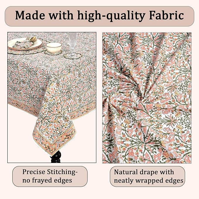Ridhi Sassy Salmon and Emerald Green Hand Block Print Cotton Rectangle Tablecloth 190" x 72" inches Reusable Table Cover Decorative Everyday Use for Dining Room, Farmhouse, Gift Spring, Mother's Day