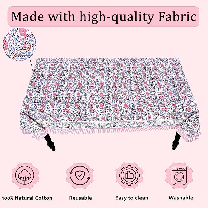 Ridhi Hand Block Print Pigeon Blue Flamingo Pink Rectangle Cotton Tablecloth 160" x 72" Reusable Table Cover Decorative Everyday Use for Dining, Farmhouse, Home Gift for Spring, Easter, Valentine