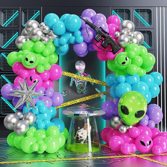 PageebO Alien Balloon Arch, Vibrant Balloons with Alien Inflatable Gun Explosion Star Mylar Balloon for Alien Theme Party Decorations Outdoor Indoor UFO Space Theme Birthday Party Star Party Decor