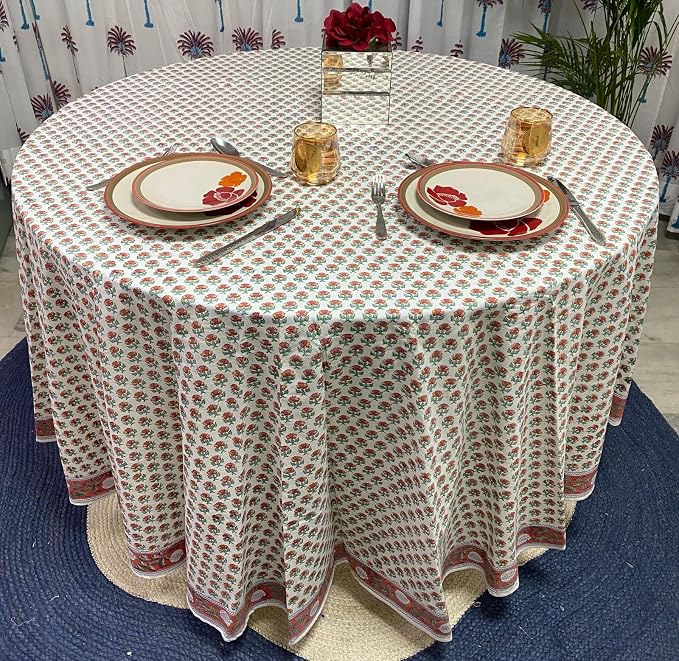 Ridhi Round Tablecloth Hand Block Print 100% Cotton Reusable Meca Orange 60 Inch Table Cover Decorative Everyday Use for Dining, Home, Party, Wedding, Farmhouse, Party Gift for Spring, Mother's Day