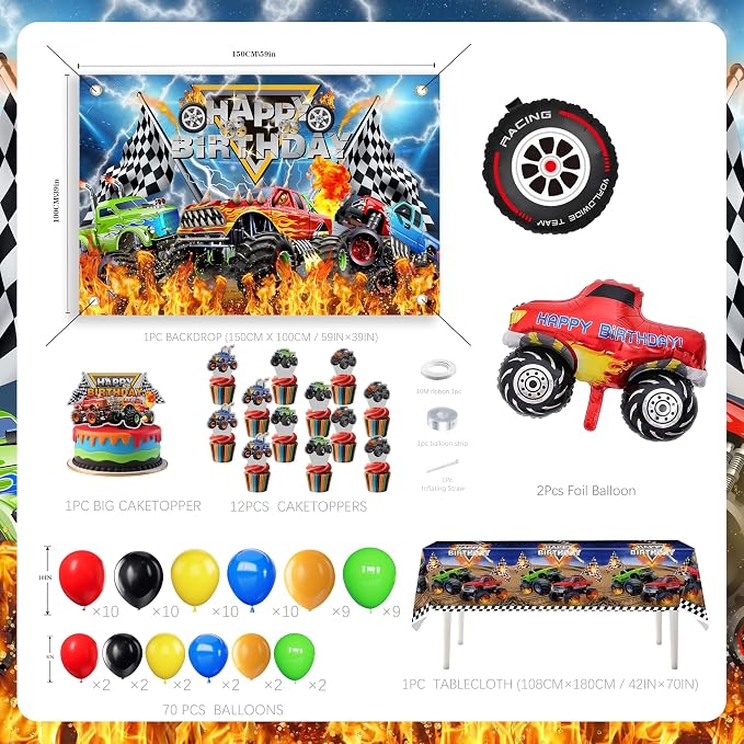 Monster Truck Birthday Decorations for Boys, Extreme Off-Road Racing Party Supplies Include "Happy Birthday" Backdrop, Balloon Arch Garland, Tablecloth, Cake Toppers, Truck and Tire Foil Balloons