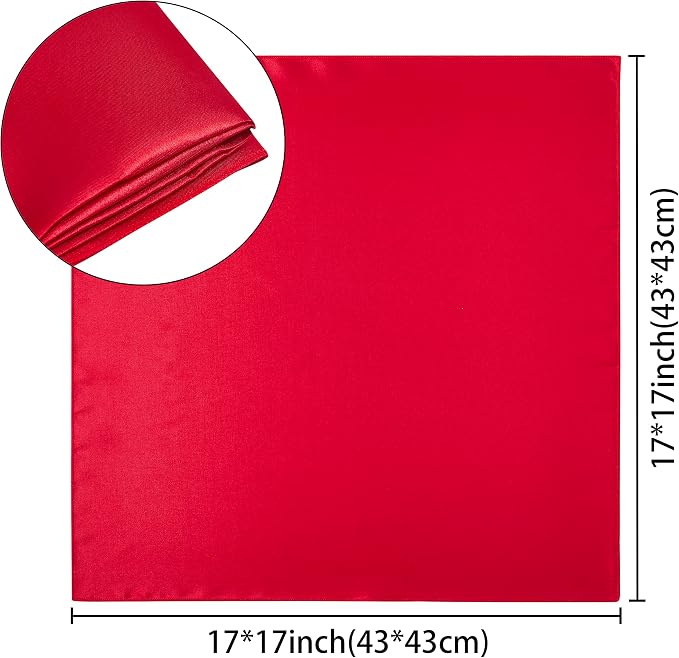 24 Pack Square Satin Dinner Napkins, 17x17 Inches Silky Soft Smooth Table Cloth Napkins for Restaurant Weddings Banquet Party Decoration, Red