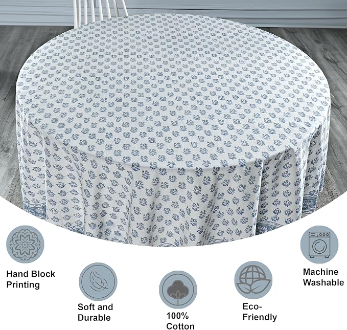 Ridhi Round Tablecloth Hand Block Print 100% Cotton Reusable Sky Beau Blue 120 Inch Table Cover Decorative Everyday Use for Dining, Home, Party, Wedding, Farmhouse, Party Gift for Spring, Mother's Day
