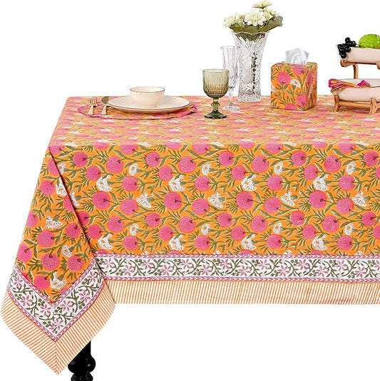 Ridhi Bubblegum Pink Hand Block Print Cotton Rectangle Tablecloth 108" x 60" inches Reusable Table Cover Decorative Everyday Use for Dining Room, Farmhouse, Home Gift for Spring, Mother's Day
