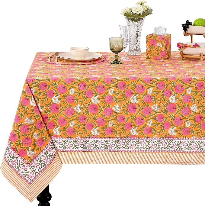 Ridhi Bubblegum Pink Hand Block Print Cotton Rectangle Tablecloth 108" x 70" inches Reusable Table Cover Decorative Everyday Use for Dining Room, Farmhouse, Home Gift for Spring, Mother's Day
