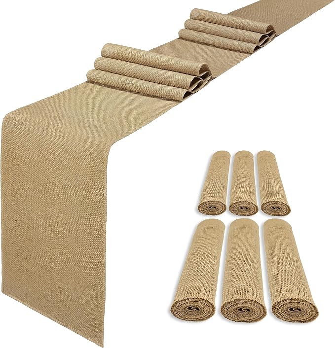 6 Pack 12 x 120 Inch Burlap Table Runners, Natural Rustic Jute Runner Bulk for Western Wedding Decorations,Farmhouse Style Party,Thanksgiving,Kitchen Coffee Decor Cover Yellow