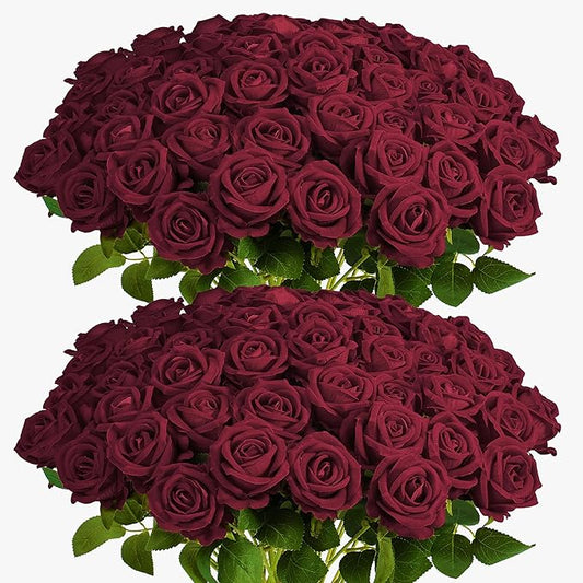 Auihiay 60PCS Burgundy Artificial Roses Bulk, Velvet Silk Fake Roses, Lifelike Burgundy Faux Rose for Mother's Day, Wedding Centerpieces, Cake, Bridal Bouquets, Anniversary, Home Decorations