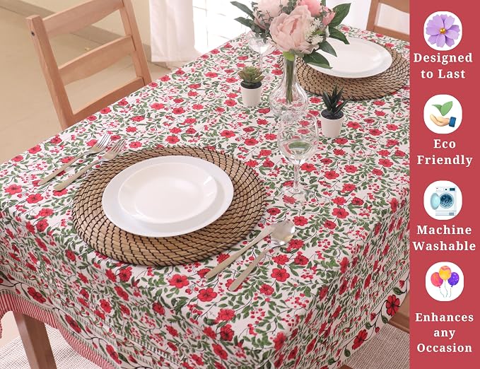 Block Print Table Cloth- 54x108 Inch Rectangle 100% Cotton Handmade Pre-Shrink, Washable for Spring, Kitchen & Dining Perfect for Patio, Indoor & Outdoor, Farmhouse