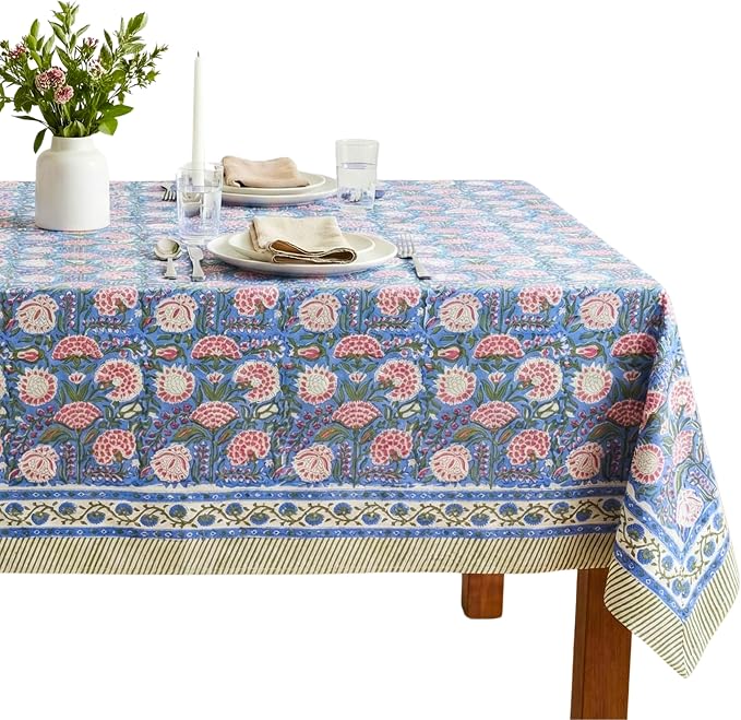 ATOSII Clover Pink 100% Cotton Square Boho Fall Tablecloth, Handblock Floral Table Cloth Linen for Kitchen Dining I Parties Wedding Outdoors Picnic Easter I Home Decor 60 X 60 Inches I 4 Seater