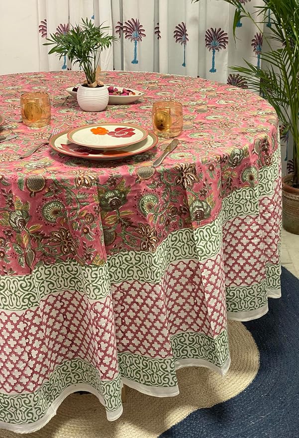 Ridhi Round Tablecloth Hand Block Print Cotton Reusable Coral Pink & Forest Green 110 Inch Table Cover Decorative Everyday Use for Dining, Home, Party, Wedding Gift for Spring, Easter, Valentine
