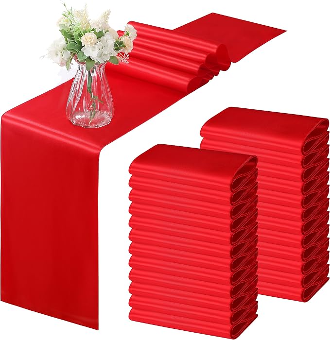 Horbaunal 24 Pack Red Satin Table Runner 12 x 108 Inch, Smooth Table Runners for Wedding Banquets Birthday Party