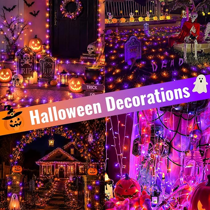 QITONG 2 Pack Battery Operated Halloween Lights, Each 33ft 100 LED Orange and Purple String Lights Outdoor Waterproof with Remote, Clear Wire Christmas Twinkle Lights with 8 Modes Indoor
