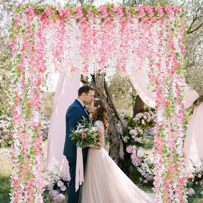Thiccywoov 8pcs Wisteria Artificial Flowers Garland, 7.2Ft/Piece Wisteria Hanging Flowers Garland for Wedding Arch Decoration Outdoor Ceremony Home Backdrop Garden (Pink,Dark Pink,White)