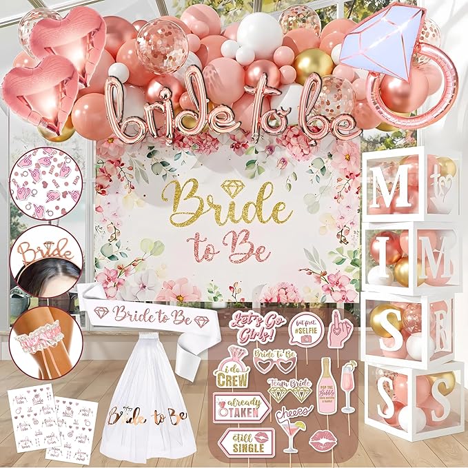 189 pc Premium Bridal Shower Party Decorations – Balloons, Bride to Be Sash, Veil, Headband, Backdrop, Props – Pink Bachelorette Party Decorations for Engagement, Rose Gold Bridal Shower Decorations
