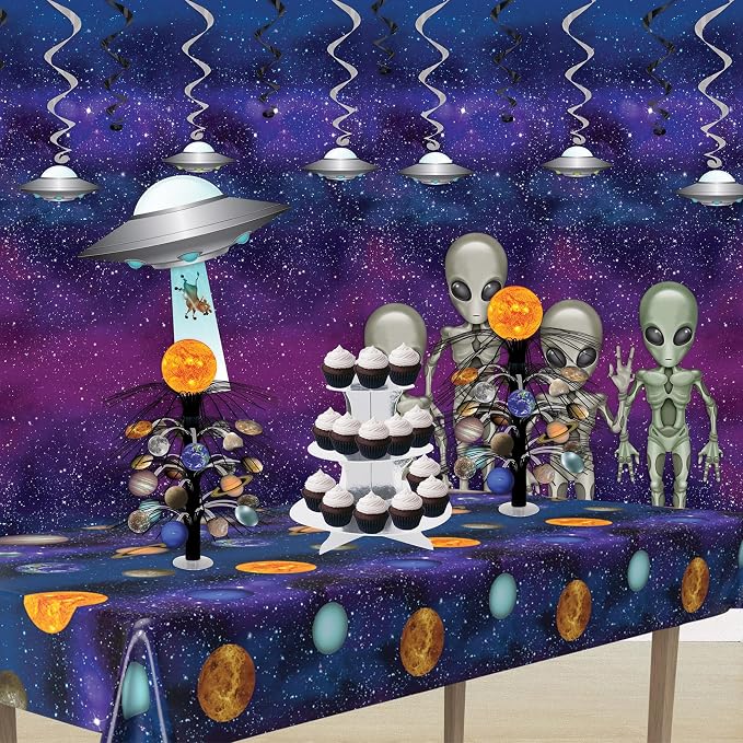 Beistle Flying Saucer Whirls & Galaxy Backdrop Set – 12 UFO Hanging Swirl Decorations and 4' x 30' Space Scene Backdrop for Alien, Outer Space, Sci-Fi & Cosmic Themed Birthday Parties and Celebrations