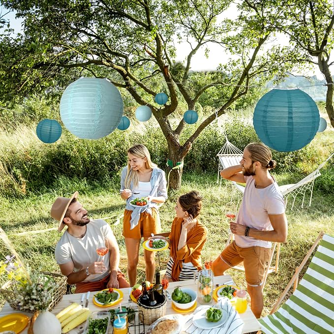 20Pcs Teal Paper Lanterns Decorative, 6"8"10" Blue Hanging Round Paper Lanterns Decorative for Bridal Shower Baby Shower Engagement Wedding Birthday Party