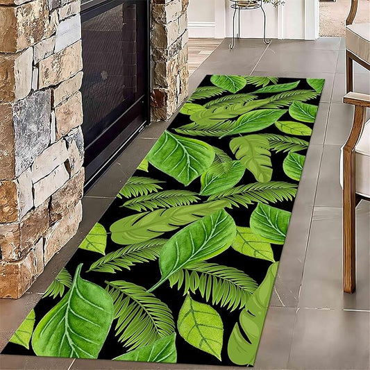 Tropical Palm Tree Leaves Area Rug, 2.6x10ft, Premium Green Plant Runner Carpet Monstera Area Rug for Bedroom, Washable Bathroom Runner Rugs for Hallway, Natural Botanical Kitchen Entryway Rug
