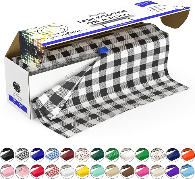 Grandipity Plastic Tablecloth Roll - 54in x 100 Ft. Black Gingham Plastic Table Cloths Disposable with Cutter Box - Cut to Size Disposable Tablecloth Table Cover for Rectangle & Round