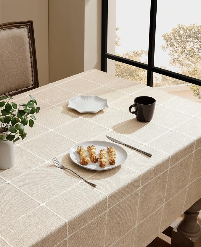 ZeeMart Grid Embroidered Hemmed Tablecloths, Light Tan 60x60 Inch, Farmhouse Style Heavy Weight Cotton Linen Light Beige Tablecloths, Boho Plaid Water Resistant Square Table Cloth