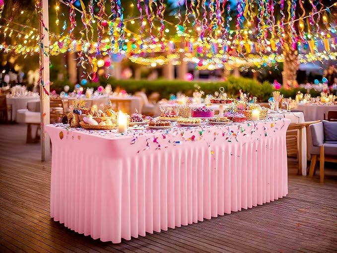 fani 6 Packs Pink Stretch Table Skirts for 8 Foot Rectangle Table, Washable Spandex Stretch Tablecloths with Skirt, Wrinkle Resistant Fitted Tablecover for Wedding Party Banquet