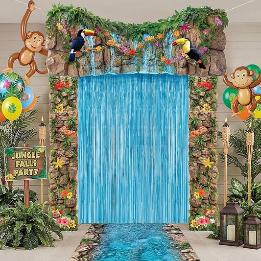 VitalCozy 7pcs Vbs 2026 Decoration Porch Banners Waterfall Blue Foil Fringe Backdrop Curtains for Jungle Birthday Halloween Photo Background Door Entryway Decor