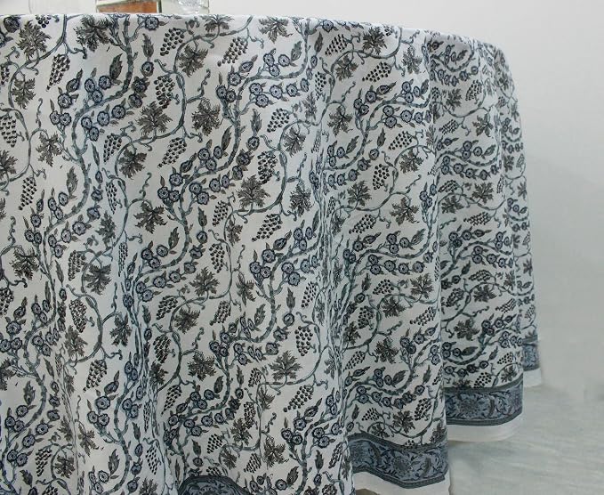 Ridhi Round Tablecloth Hand Block Print 100% Cotton Reusable Baby Blue Eyes 90 Inch Table Cover Decorative Everyday Use for Dining, Home, Party, Wedding, Farmhouse, Party Gift for Spring, Mother's Day
