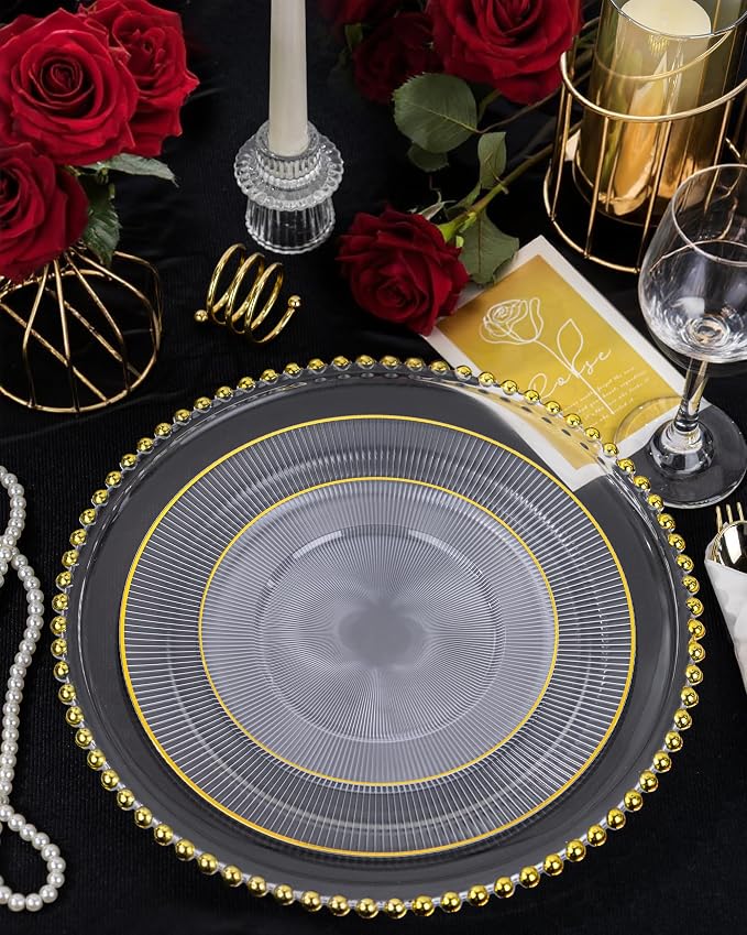 Hioasis 60pcs Clear and Gold Plastic Plates - Clear Disposable Dinnerware Set, 30pcs Dinner 10in & 30pcs Dessert 7in Plates with Striped Designs for Party & Wedding