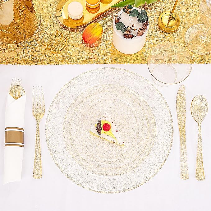 DaYammi 112Pcs Gold Glitter Plastic Plates,Gold Disposable Dinnerware - Gold Plastic Plates Includes 16 Dessert Plate,16 Dinner Plate,16 Per Rolled Napkins with Cutlery and Cups for Party Wedding