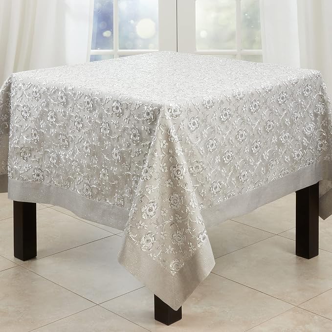 SARO LIFESTYLE Floral Embroidered Tablecloth, Silver, 65"
