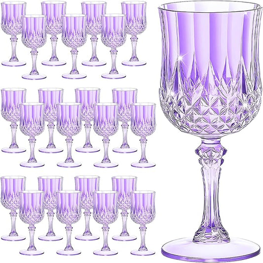 7OZ Plastic Wine Glasses, Reusable Vintage Goblets Unbreakable Drinking Glasses Crystal Water Cups Champagne for Wedding, Parties (24, Light Purple)