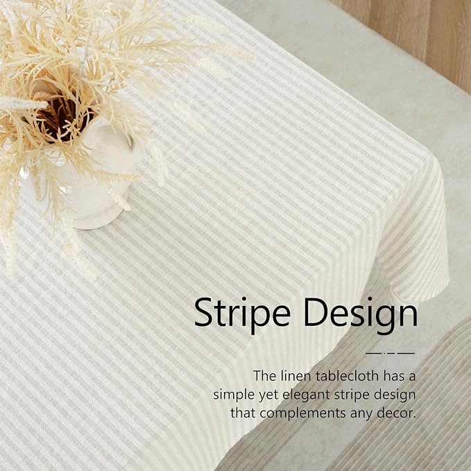 Linen World Stripe Tablecloth 60X120 Inch,100% Flax Tablecloth,10ft Fall Table Cloth Decorative Halloween Christmas Thanksgiving Table Cover,Handcrafted and Machine Washable,Natural Stripe