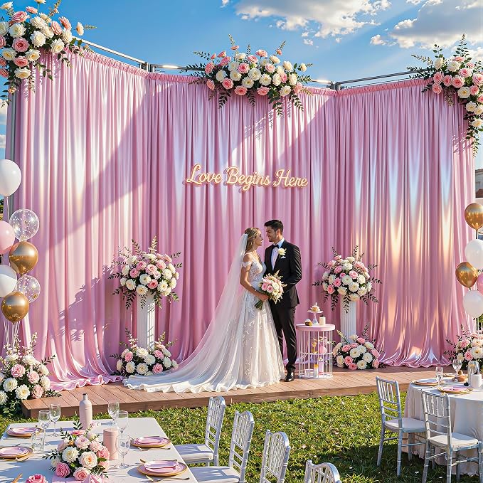 30x10ft Pink Glitter Backdrop Curtain for Parties, Wrinkle Free Satin Photo Backdrop Drapes 6 Panels 5x10FT Shimmer Back Drop Cloth for Wedding Birthday Baby Shower Photography Background Decor