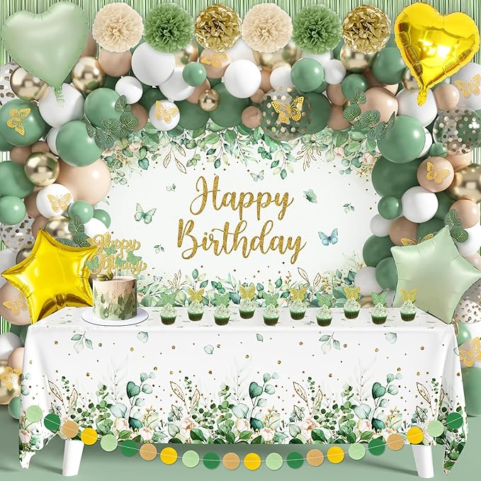 Sage Green Birthday Party Decoration Supplies for Boys Girls - Happy Birthday Backdrop, Tablecloth, Balloon Arch, Butterfly Stickers - Women Adult Decor, Neutral Baby Shower