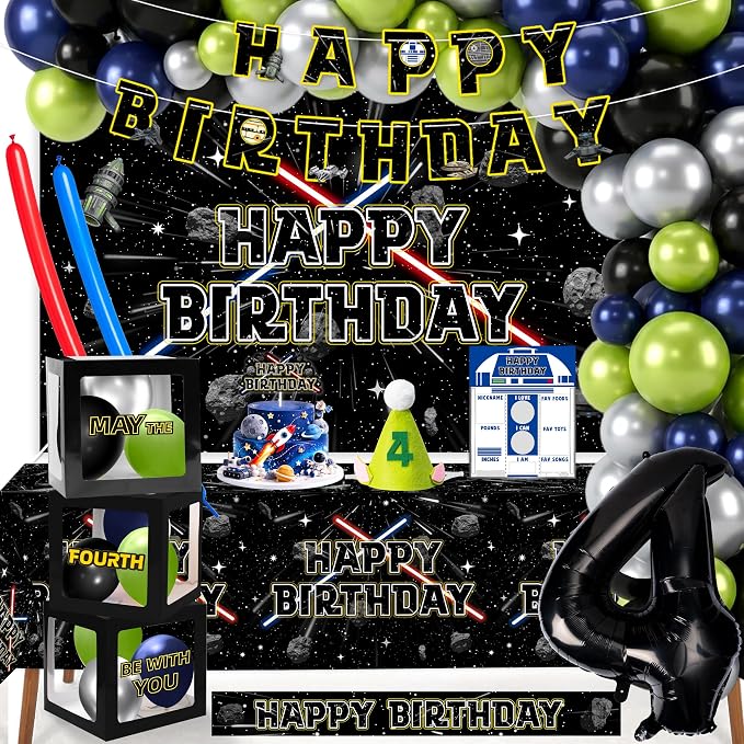 Galaxy Star 4th Birthday Decorations Set - Space Themed Party Favor | With Arch Balloon, “4” Balloon, Backdrop, Tablecloth, Birthday Hat, Cake Topper, Banner, Sash, Poster, Balloon Boxes, Cards