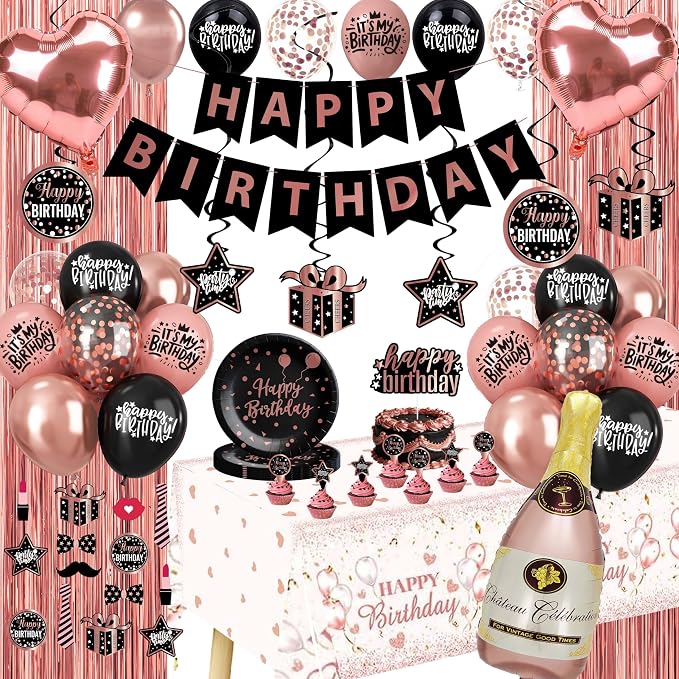 Rose Gold and Black Birthday Decorations - Party Supplies Kit with Tablecloth, Paper Plates, Photo Props, Champagne Foil Balloon, Fringe Curtains, Cake Topper and Banner for Women 18th 21st 30th 40th