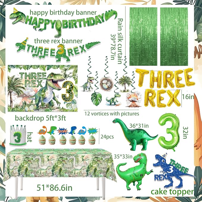 Three Rex Birthday Party Decorations for Boy 3rd Birthday Party Supplies Include Three Rex Balloons Banner Backdrop Tablecloth hat Cake Toppers swirls for 3 Rex Birthday Decorations Boys