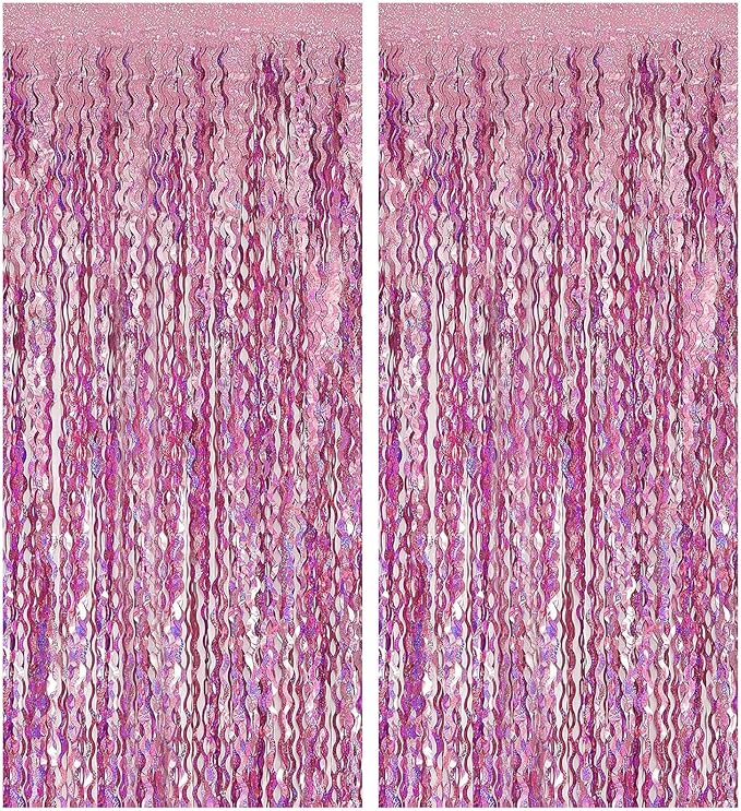 Pink Backdrop Party Decorations Pink Streamers Tinsel Foil Fringe Curtains Wavy Sparkle Metallic Pink Curtain Photo Booth Props for Birthday Wedding Valentines Day Bachelorette Decorations