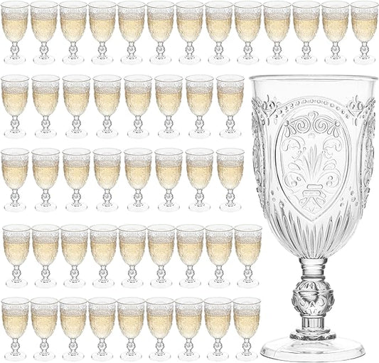 Plastic Wine Glasses 48Pcs Plastic Goblets 7.5oz Colored Retro Embossed Glassware Vintage Stemmed Drinking Cup Reusable Water Goblets for Wedding Reception Grand Event Party Bar,Whiskey (Clear)