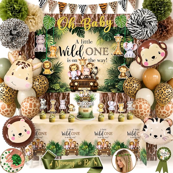 272 Pc Safari Baby Shower Decorations, Jungle Animal Party Set | Safari and woodland baby shower decorations; jungle and forest animal styles with backdrop, balloons, banner, sash