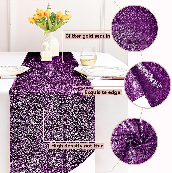 Sugargirl 10 Packs 12 x 72 inches Sequin Table Runner, Glitter Purple Table Runner for Birthday Party Supplies Wedding Holiday Celebration Event Decorations