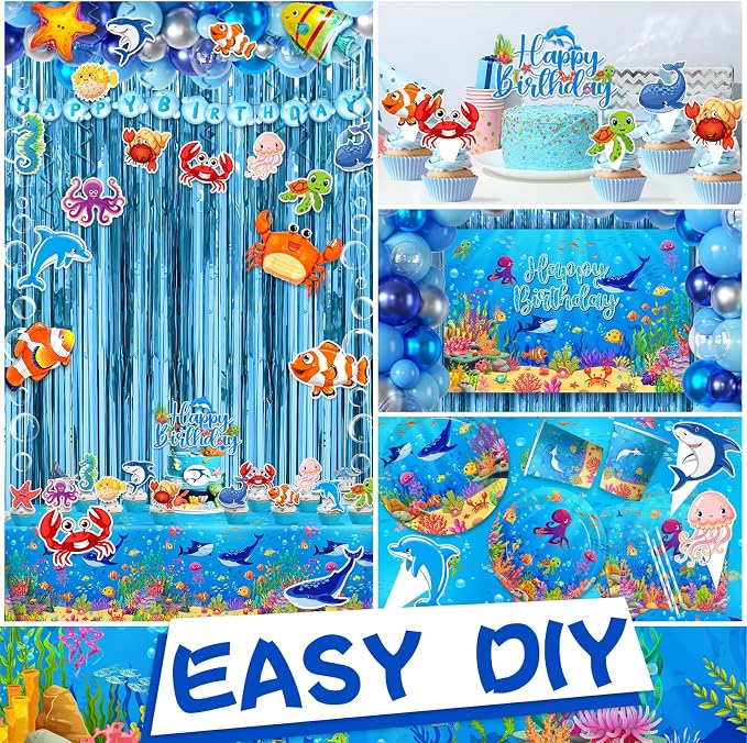 Under The Sea Party Decorations,282pcs Ocean Themed Party Decorations With Under The Sea Plates and Napkins Cups Tablecloth Ocean Backdrop Balloon Arch Cake Toppers For Sea Party Decorations