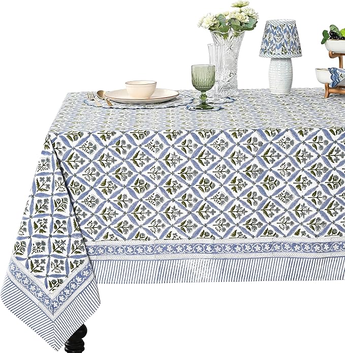 Ridhi Light Steel Blue Hand Block Print Cotton Rectangle Tablecloth 120" x 60" inches Reusable Table Cover Decorative Everyday Use for Dining Room, Farmhouse, Home Gift for Spring, Mother's Day