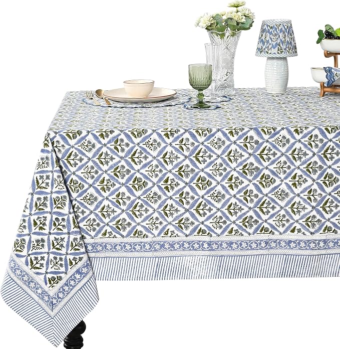 Ridhi Light Steel Blue Hand Block Print Cotton Rectangle Tablecloth 108" x 60" inches Reusable Table Cover Decorative Everyday Use for Dining Room, Farmhouse, Home Gift for Spring, Mother's Day