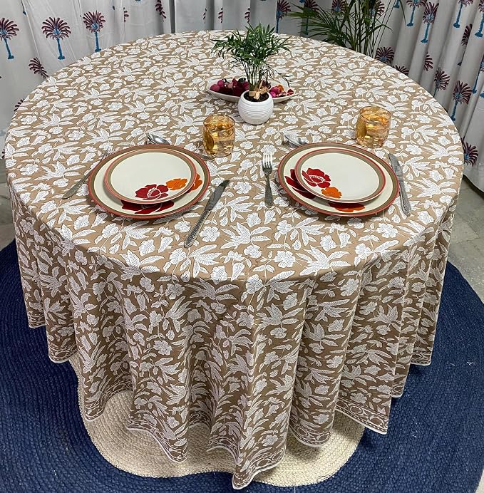 Ridhi Block Print Round Oak Brown Reusable Tablecloth 100% Cotton 90" Inch Decorative Table Cover eveyday Dining, Home, Party, Wedding, Farmhouse Gift for Spring, Easter, Valentine