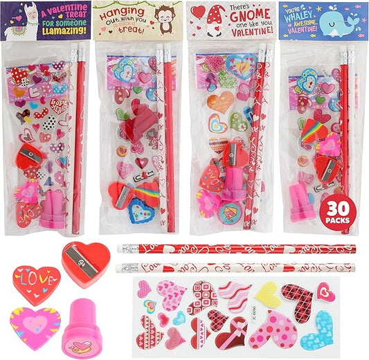 30 Pack Valentines Day Stationery, Kids Class Party Favor Cards Set and Gifts for School Classmates, Each Includes 2 Pencils, Erasers, Pre-Inked Stamper Self-Adhesive Stickers