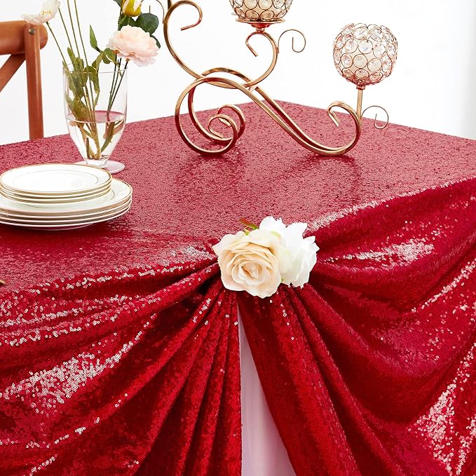 B-COOL Sequin Fabric Tablecloth 50x50inch Red Sequin Table Cloth Square Dinner Party Wedding Tables